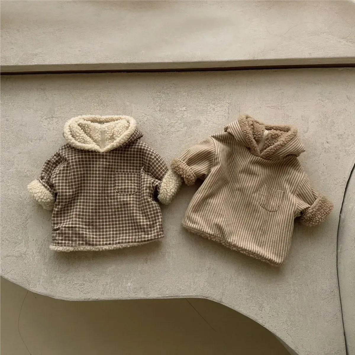 トレーナー・フーディ ベビートップス ストライプ/チェック裏ボアフリースリバーシブルバックジッパーフーディプルオーバー【mh0008511】