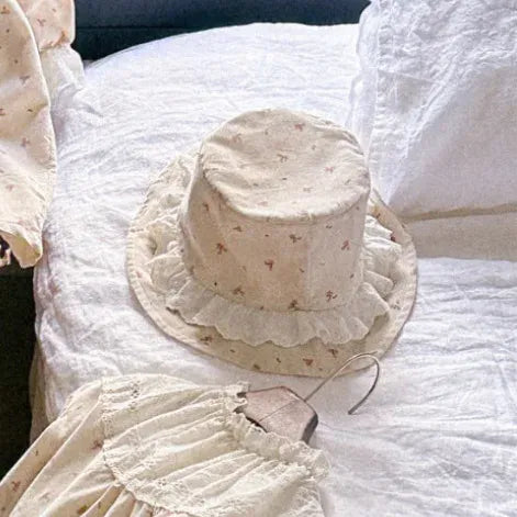 長袖ロンパース ベビーロンパース帽子セット レースフリル長袖ボディスーツ+バケットハット【mh0008522】