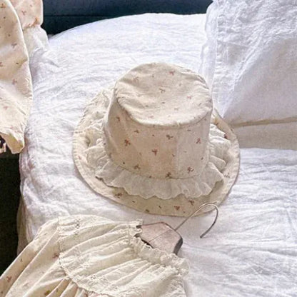 長袖ロンパース ベビーロンパース帽子セット レースフリル長袖ボディスーツ+バケットハット【mh0008522】