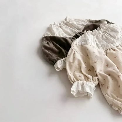 長袖ロンパース ベビーロンパース帽子セット レースフリル長袖ボディスーツ+バケットハット【mh0008522】