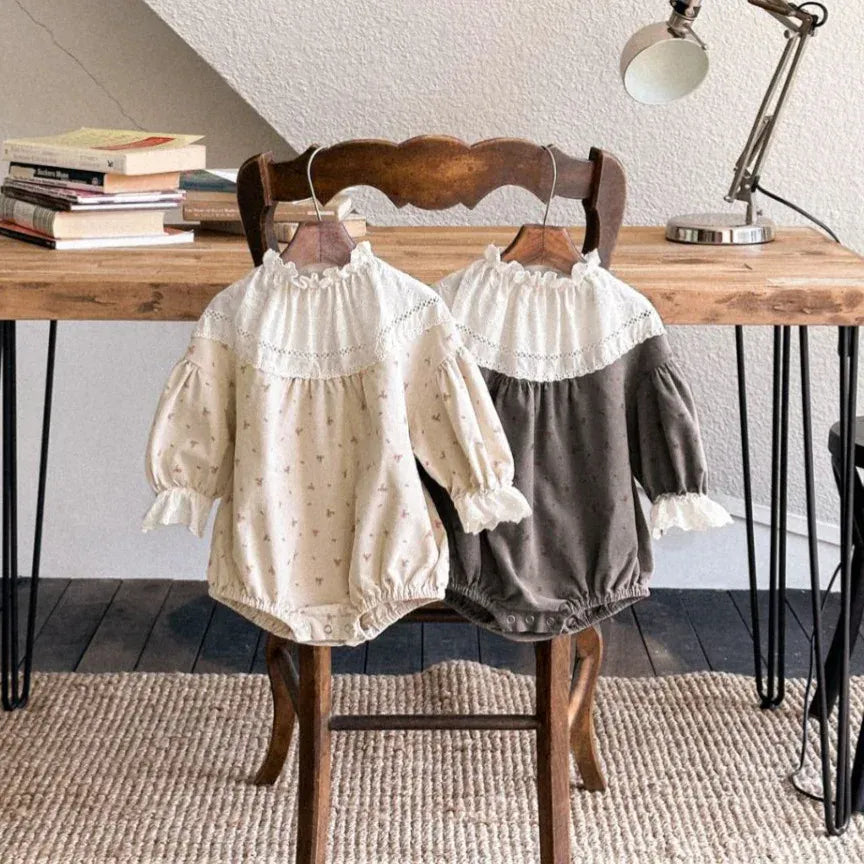 長袖ロンパース ベビーロンパース帽子セット レースフリル長袖ボディスーツ+バケットハット【mh0008522】