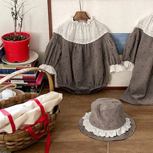 長袖ロンパース ベビーロンパース帽子セット レースフリル長袖ボディスーツ+バケットハット【mh0008522】