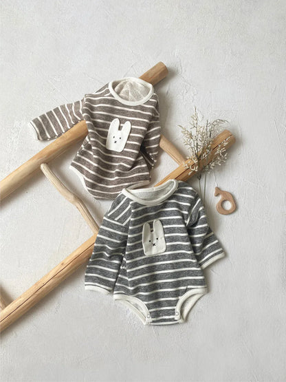 長袖ロンパース ベビーロンパース うさぎアップリケボーダー長袖ボディスーツ【mh0008585】