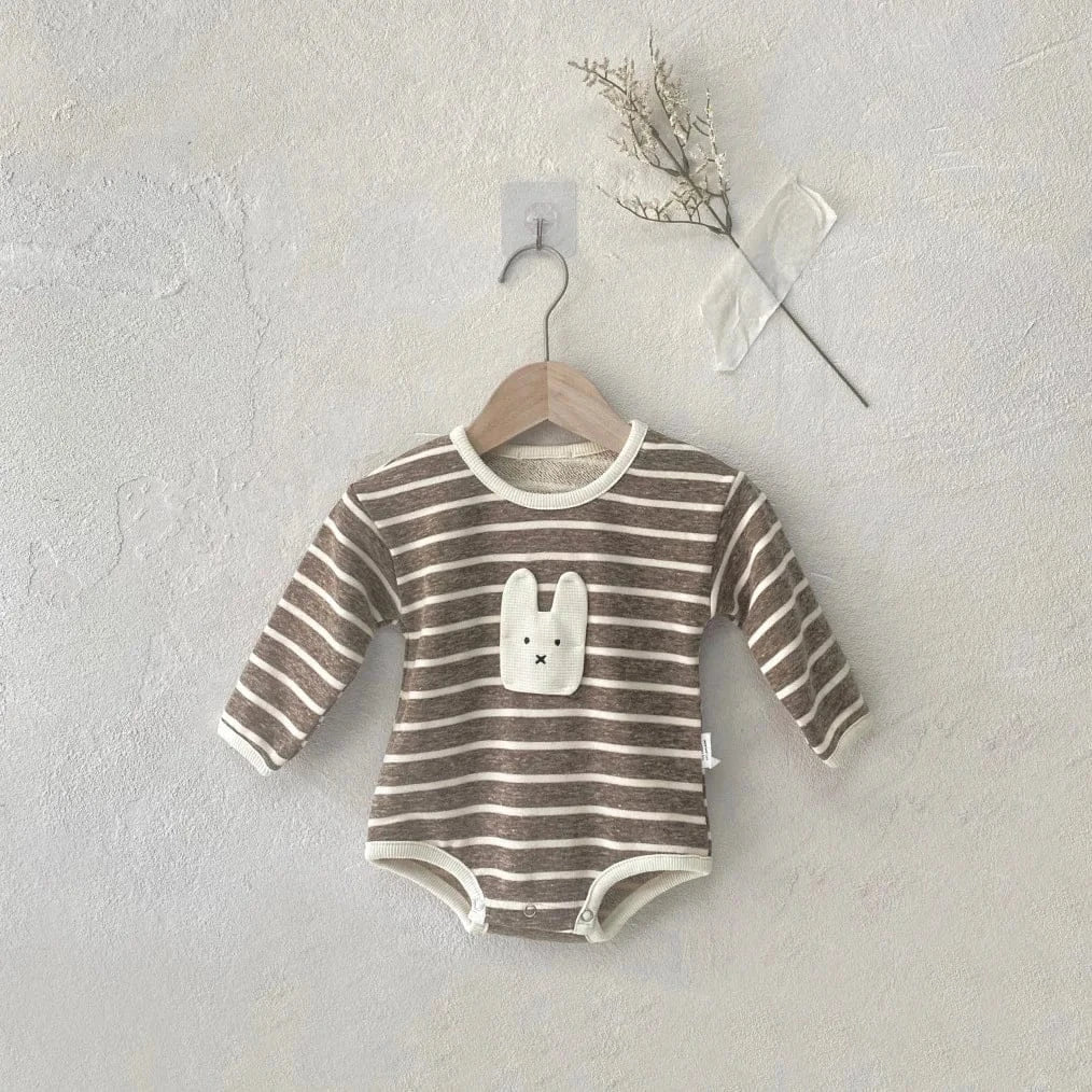 長袖ロンパース ベビーロンパース うさぎアップリケボーダー長袖ボディスーツ【mh0008585】