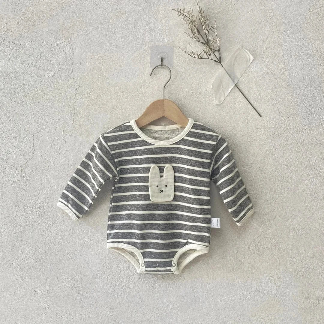 長袖ロンパース ベビーロンパース うさぎアップリケボーダー長袖ボディスーツ【mh0008585】