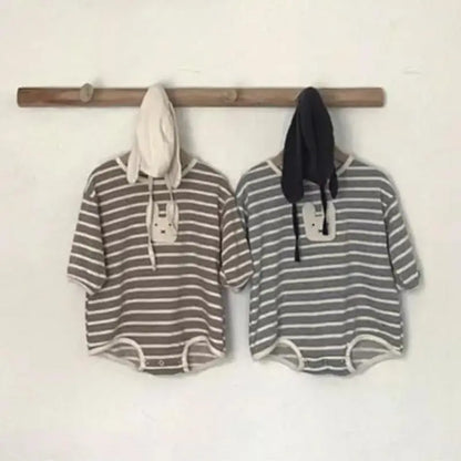 長袖ロンパース ベビーロンパース うさぎアップリケボーダー長袖ボディスーツ【mh0008585】