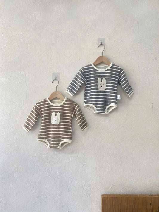長袖ロンパース ベビーロンパース うさぎアップリケボーダー長袖ボディスーツ【mh0008585】