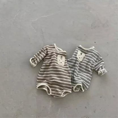 長袖ロンパース ベビーロンパース うさぎアップリケボーダー長袖ボディスーツ【mh0008585】