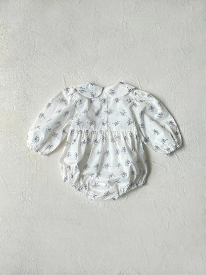 長袖ロンパース ベビーロンパース フラワープリントシャーリング丸襟長袖ボディスーツ【mh0008598】