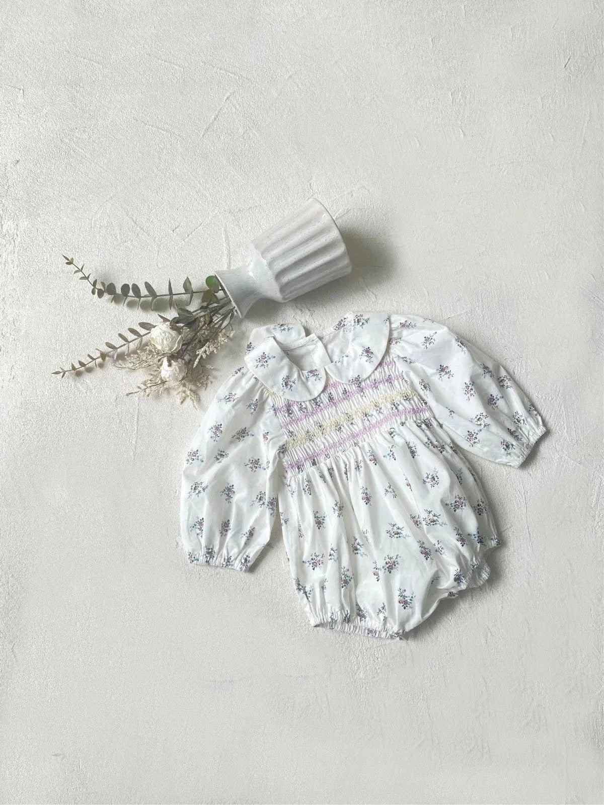 長袖ロンパース ベビーロンパース フラワープリントシャーリング丸襟長袖ボディスーツ【mh0008598】