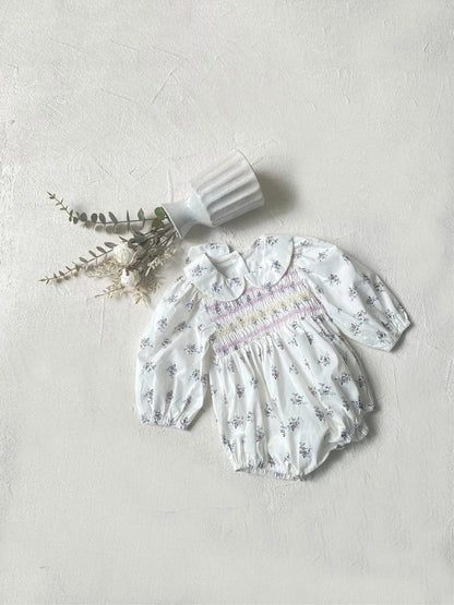 長袖ロンパース ベビーロンパース フラワープリントシャーリング丸襟長袖ボディスーツ【mh0008598】