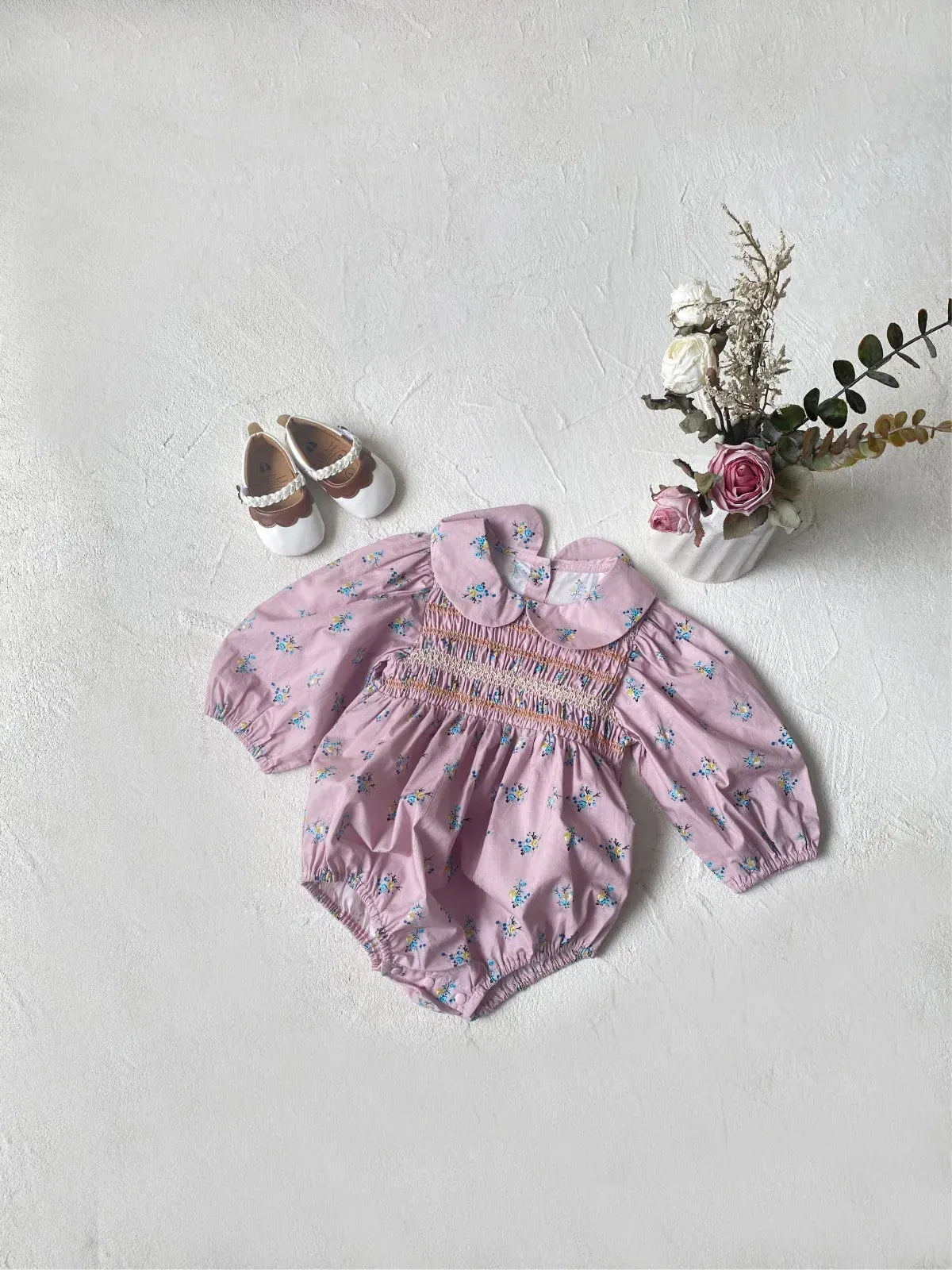 長袖ロンパース ベビーロンパース フラワープリントシャーリング丸襟長袖ボディスーツ【mh0008598】