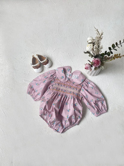 長袖ロンパース ベビーロンパース フラワープリントシャーリング丸襟長袖ボディスーツ【mh0008598】