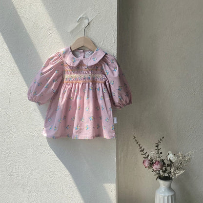 長袖ワンピース ベビーワンピース フラワープリントシャーリング丸襟長袖ワンピース【mh0008599】