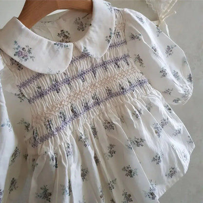 長袖ワンピース ベビーワンピース フラワープリントシャーリング丸襟長袖ワンピース【mh0008599】