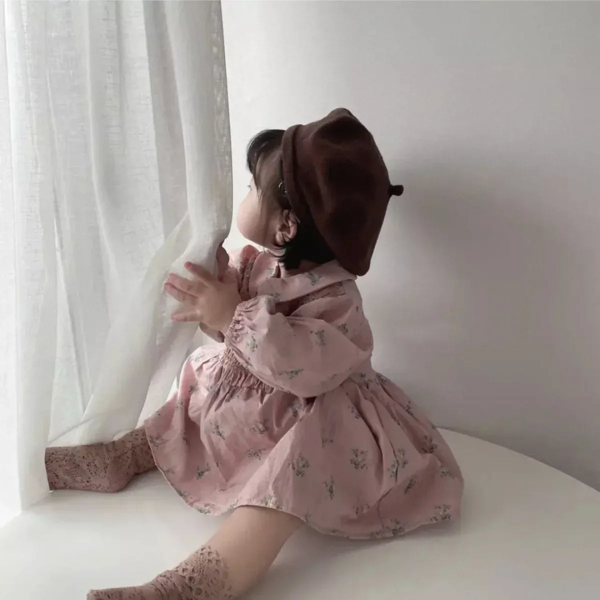 長袖ワンピース ベビーワンピース フラワープリントシャーリング丸襟長袖ワンピース【mh0008599】