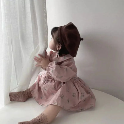 長袖ワンピース ベビーワンピース フラワープリントシャーリング丸襟長袖ワンピース【mh0008599】