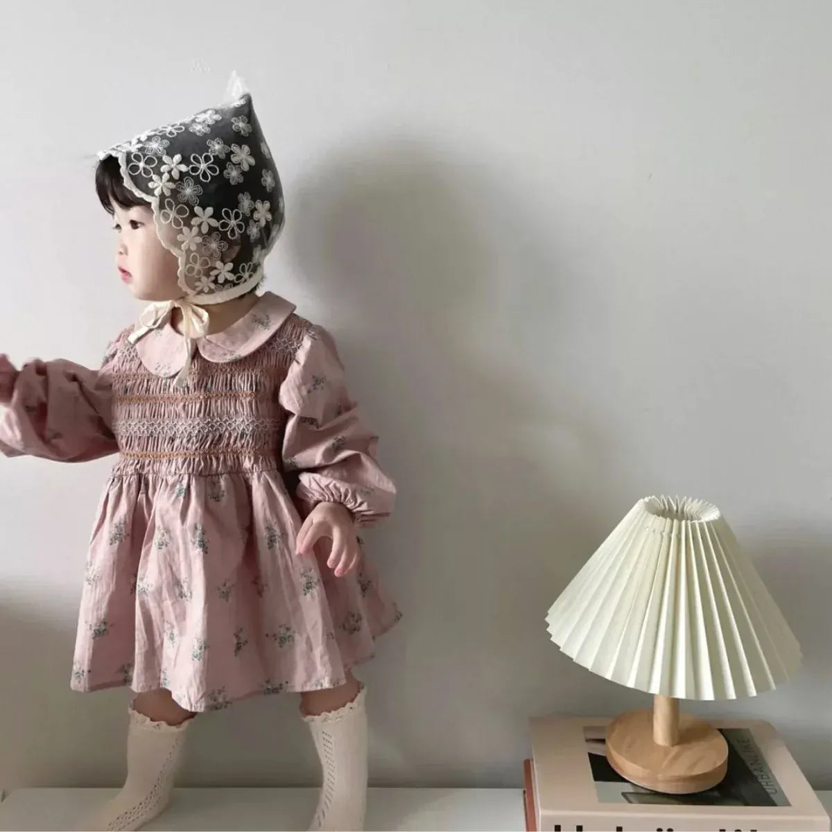 長袖ワンピース ベビーワンピース フラワープリントシャーリング丸襟長袖ワンピース【mh0008599】