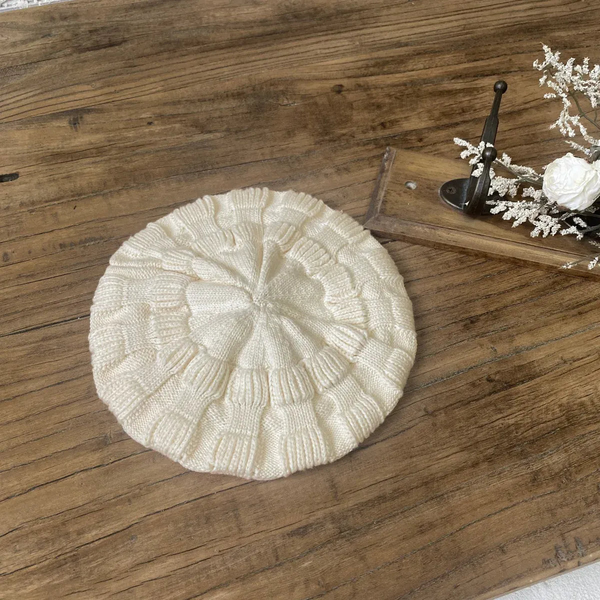 長袖ロンパース ベビージャンプスーツ+帽子セット アランニットケーブル編み長袖ロンパース+ニットベレー帽【mh0008730】