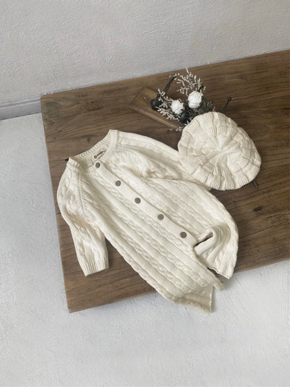 長袖ロンパース ベビージャンプスーツ+帽子セット アランニットケーブル編み長袖ロンパース+ニットベレー帽【mh0008730】