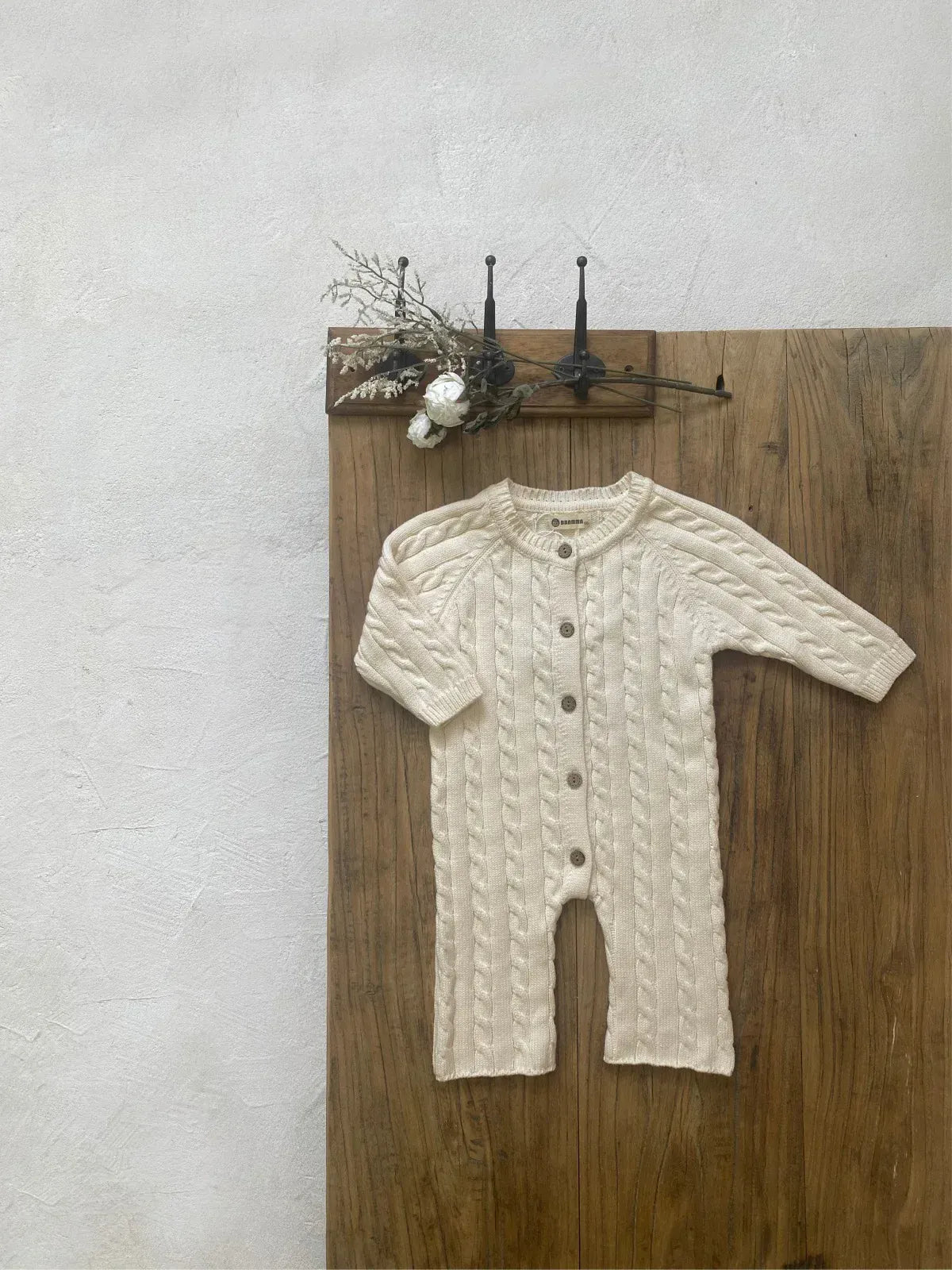 長袖ロンパース ベビージャンプスーツ+帽子セット アランニットケーブル編み長袖ロンパース+ニットベレー帽【mh0008730】