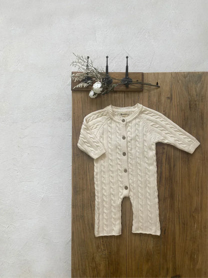 長袖ロンパース ベビージャンプスーツ+帽子セット アランニットケーブル編み長袖ロンパース+ニットベレー帽【mh0008730】