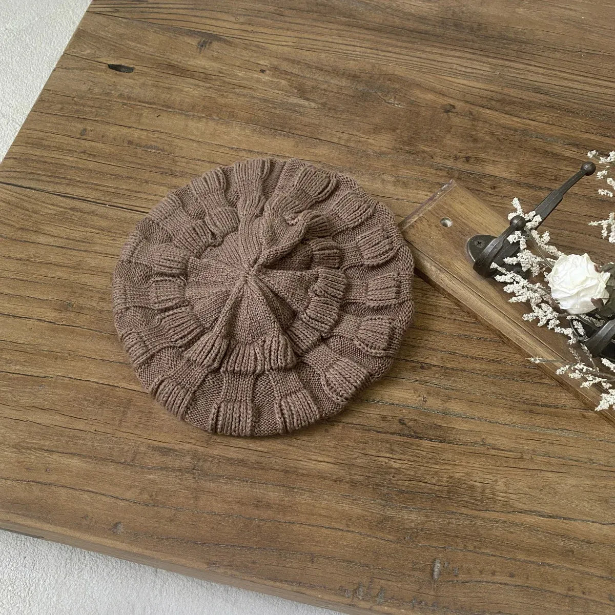 長袖ロンパース ベビージャンプスーツ+帽子セット アランニットケーブル編み長袖ロンパース+ニットベレー帽【mh0008730】