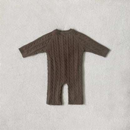 長袖ロンパース ベビージャンプスーツ+帽子セット アランニットケーブル編み長袖ロンパース+ニットベレー帽【mh0008730】