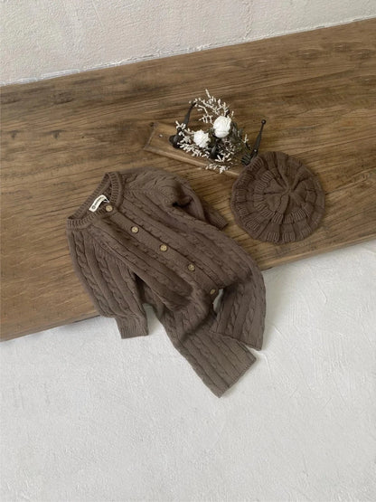 長袖ロンパース ベビージャンプスーツ+帽子セット アランニットケーブル編み長袖ロンパース+ニットベレー帽【mh0008730】