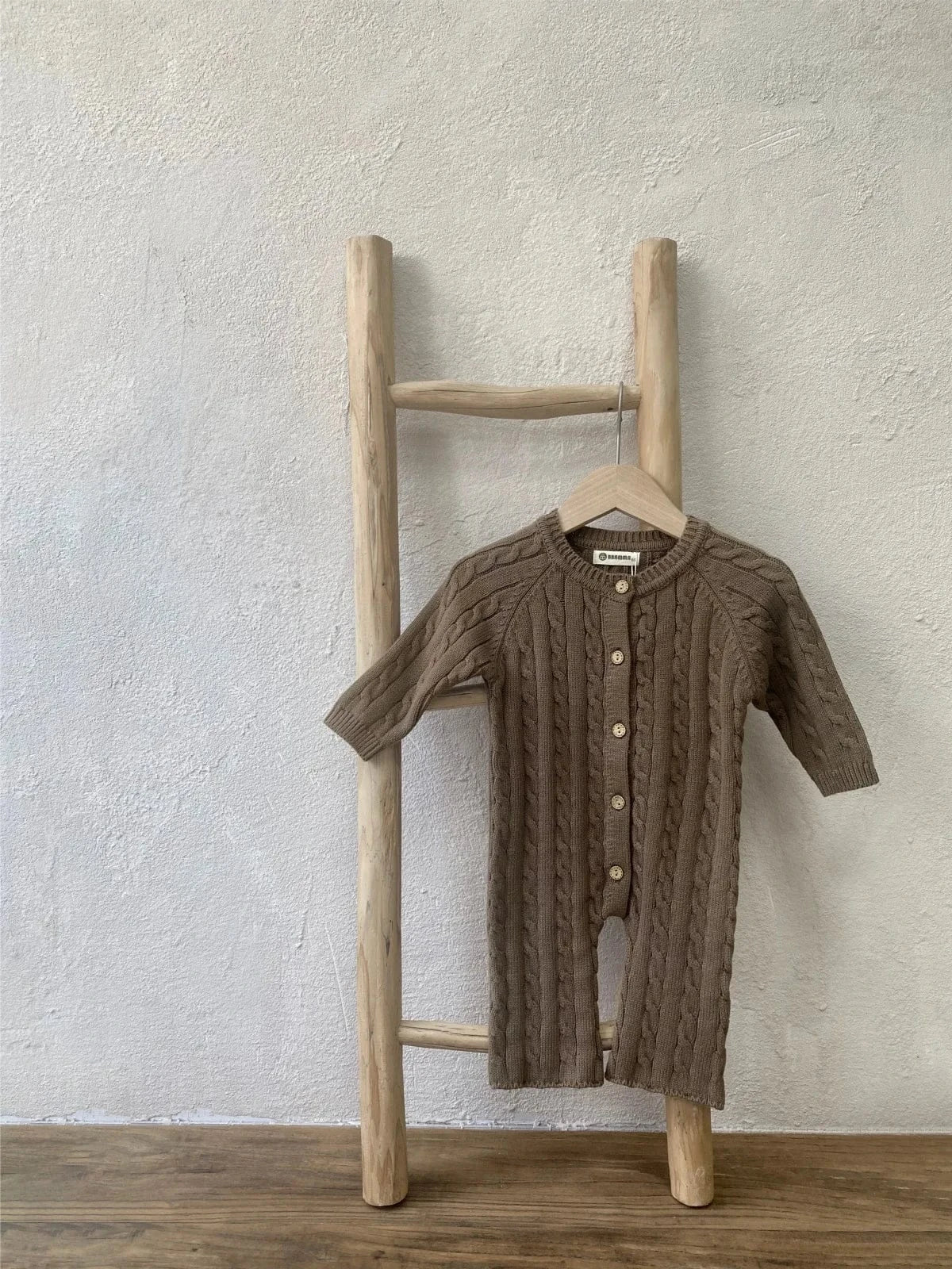 長袖ロンパース ベビージャンプスーツ+帽子セット アランニットケーブル編み長袖ロンパース+ニットベレー帽【mh0008730】