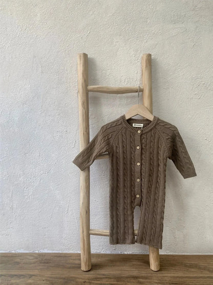 長袖ロンパース ベビージャンプスーツ+帽子セット アランニットケーブル編み長袖ロンパース+ニットベレー帽【mh0008730】