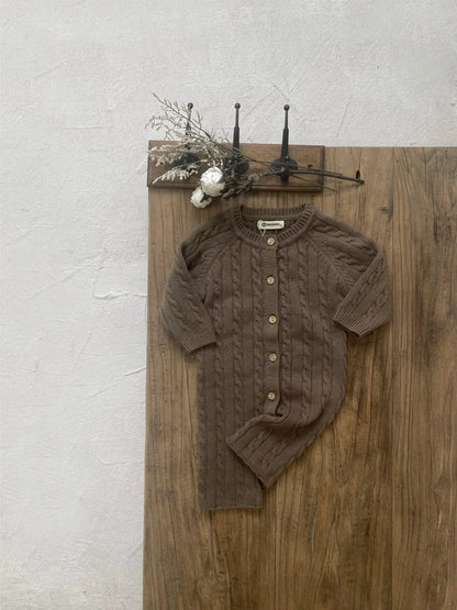 長袖ロンパース ベビージャンプスーツ+帽子セット アランニットケーブル編み長袖ロンパース+ニットベレー帽【mh0008730】