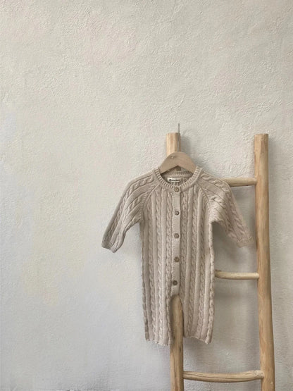 長袖ロンパース ベビージャンプスーツ+帽子セット アランニットケーブル編み長袖ロンパース+ニットベレー帽【mh0008730】