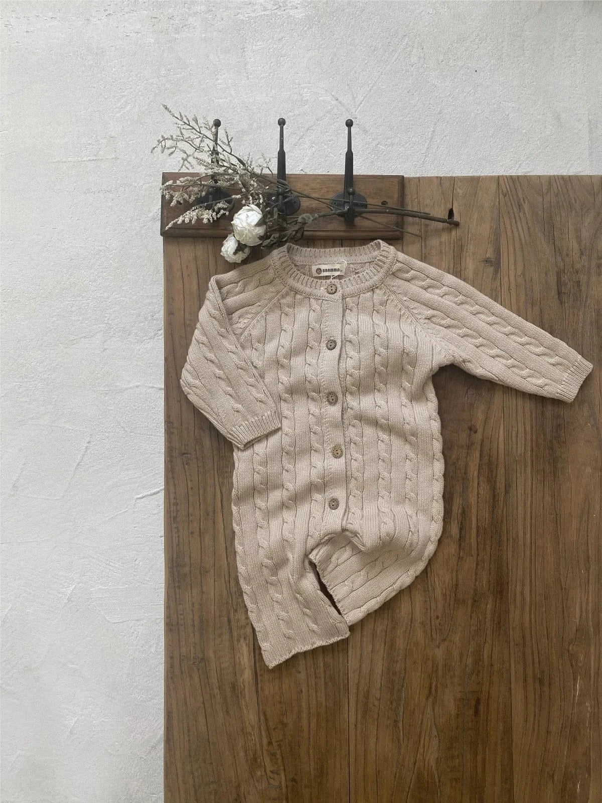 長袖ロンパース ベビージャンプスーツ+帽子セット アランニットケーブル編み長袖ロンパース+ニットベレー帽【mh0008730】