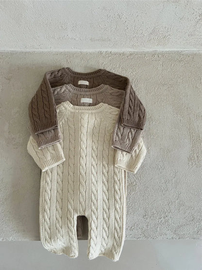 長袖ロンパース ベビージャンプスーツ+帽子セット アランニットケーブル編み長袖ロンパース+ニットベレー帽【mh0008730】