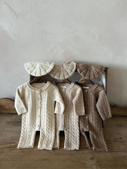 長袖ロンパース ベビージャンプスーツ+帽子セット アランニットケーブル編み長袖ロンパース+ニットベレー帽【mh0008730】