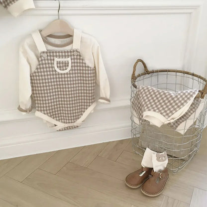 ノースリーブロンパース ベビーロンパース+帽子セット チェックサスペンダーボディスーツ+チェックベレー帽【mh0008732】