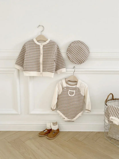 ノースリーブロンパース ベビーロンパース+帽子セット チェックサスペンダーボディスーツ+チェックベレー帽【mh0008732】