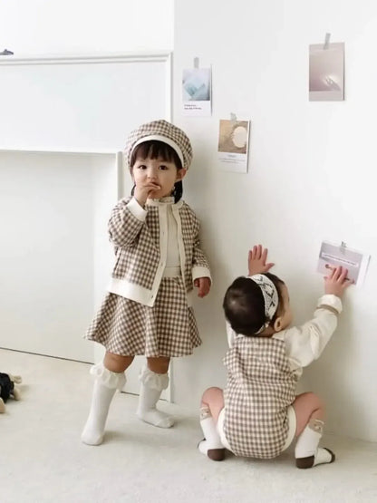 ノースリーブロンパース ベビーロンパース+帽子セット チェックサスペンダーボディスーツ+チェックベレー帽【mh0008732】