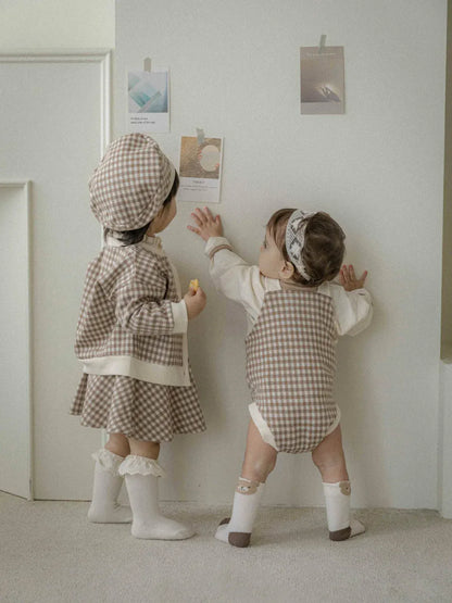 ノースリーブロンパース ベビーロンパース+帽子セット チェックサスペンダーボディスーツ+チェックベレー帽【mh0008732】