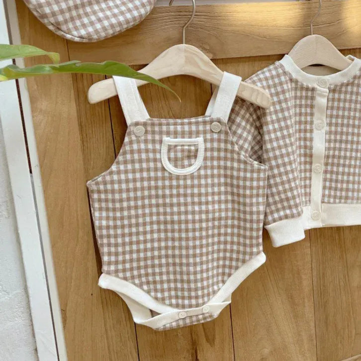 ノースリーブロンパース ベビーロンパース+帽子セット チェックサスペンダーボディスーツ+チェックベレー帽【mh0008732】