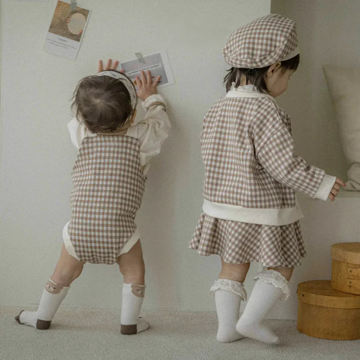 ノースリーブロンパース ベビーロンパース+帽子セット チェックサスペンダーボディスーツ+チェックベレー帽【mh0008732】