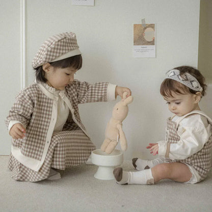 ノースリーブロンパース ベビーロンパース+帽子セット チェックサスペンダーボディスーツ+チェックベレー帽【mh0008732】