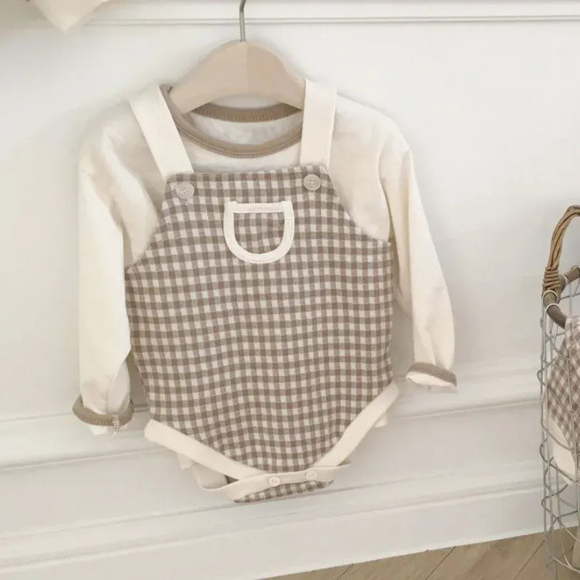 ノースリーブロンパース ベビーロンパース+帽子セット チェックサスペンダーボディスーツ+チェックベレー帽【mh0008732】