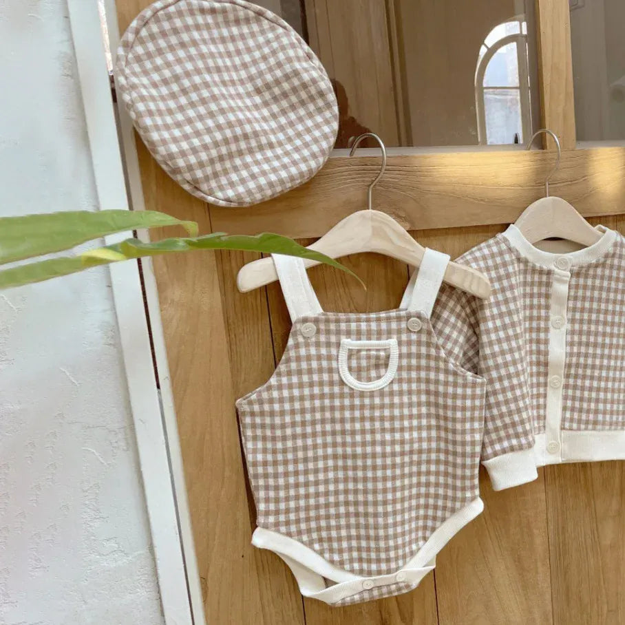 ノースリーブロンパース ベビーロンパース+帽子セット チェックサスペンダーボディスーツ+チェックベレー帽【mh0008732】