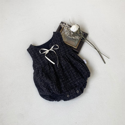 ノースリーブロンパース ベビーロンパース ノースリーブフェイクツイードリボンボディスーツ【mh0009024】