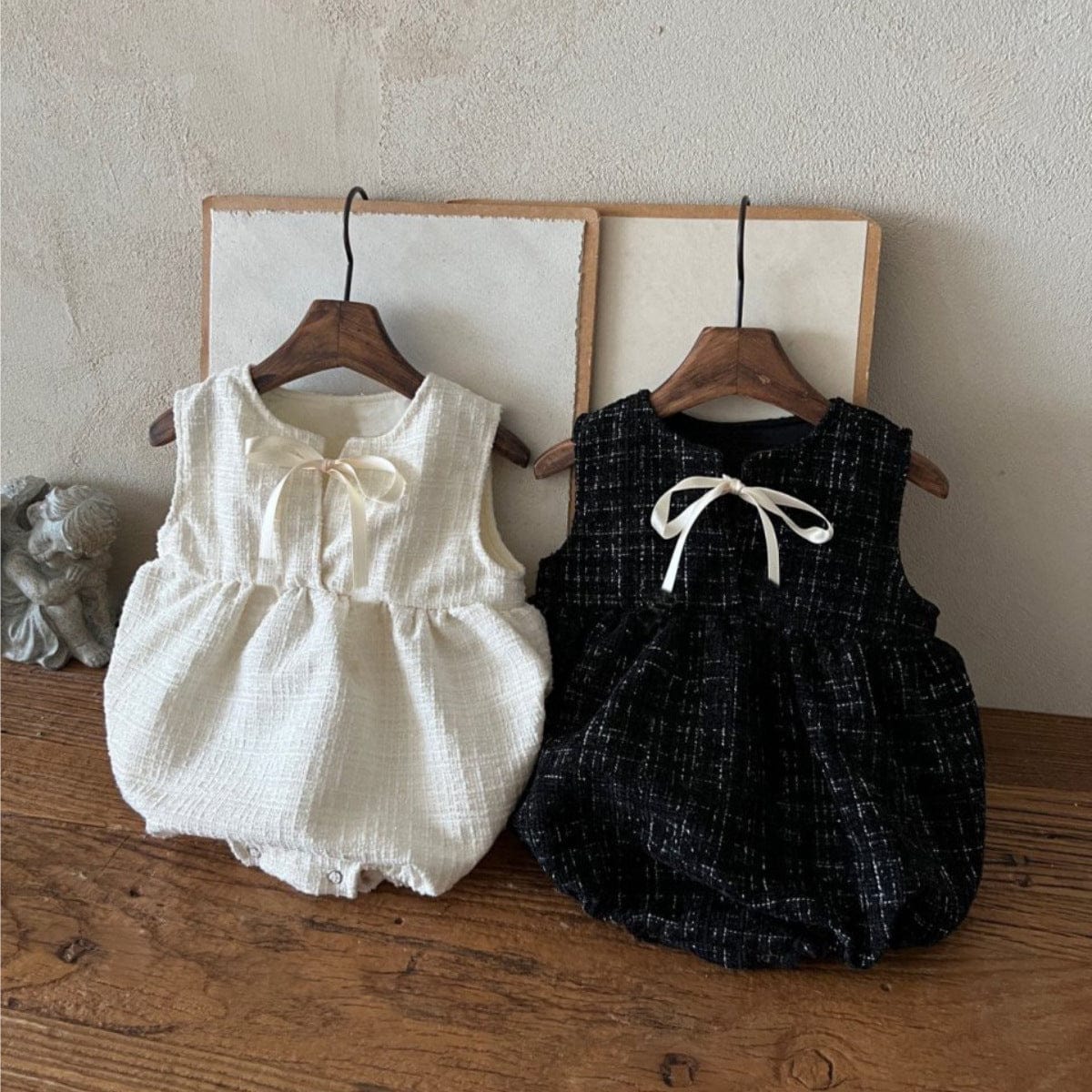 ノースリーブロンパース ベビーロンパース ノースリーブフェイクツイードリボンボディスーツ【mh0009024】