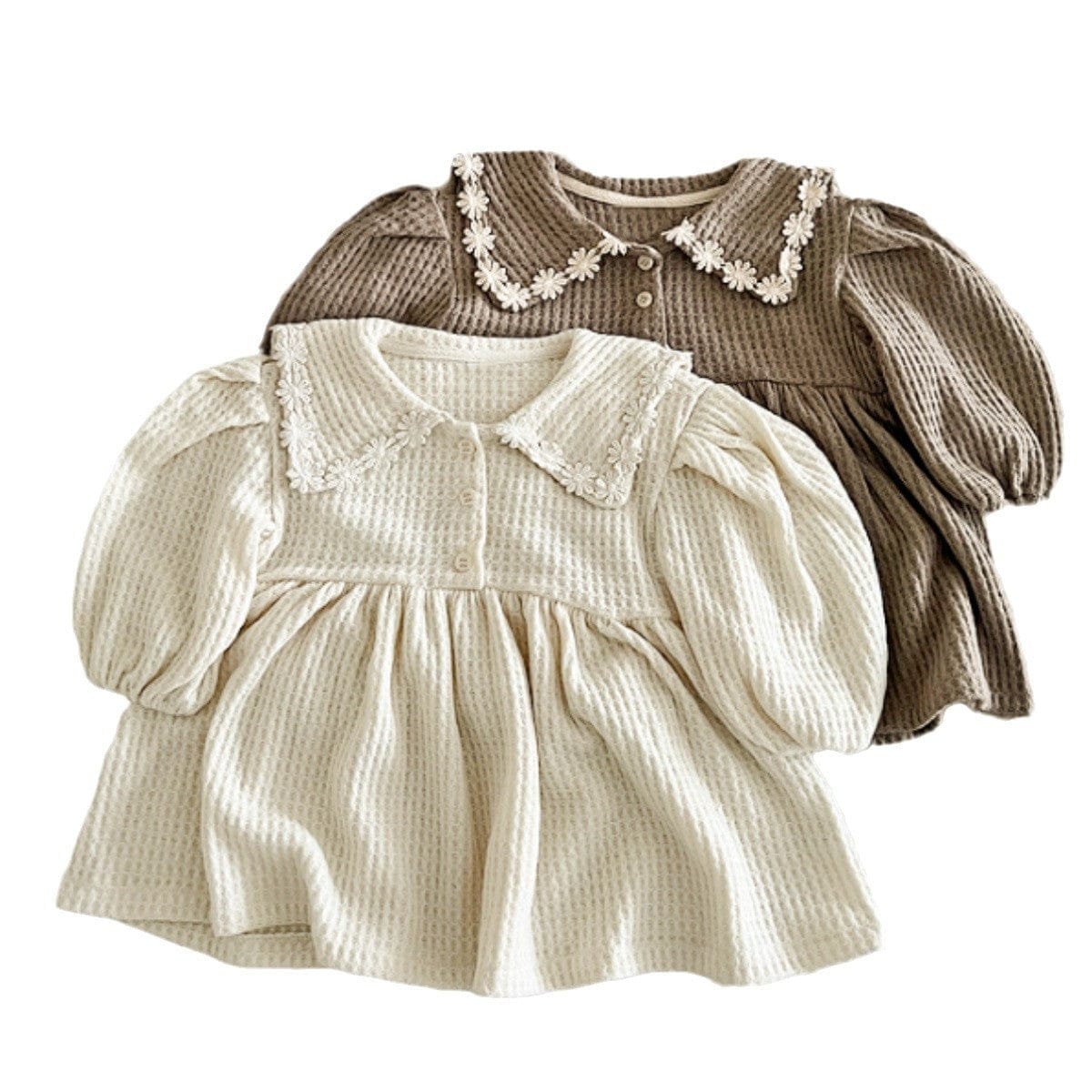 長袖ワンピース ベビーワンピース ワッフル襟付き長袖パフスリーブワンピース【mh0009028】