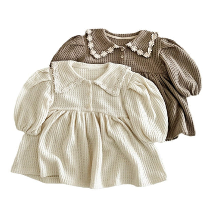 長袖ワンピース ベビーワンピース ワッフル襟付き長袖パフスリーブワンピース【mh0009028】