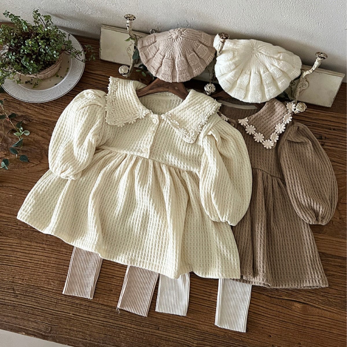 長袖ワンピース ベビーワンピース ワッフル襟付き長袖パフスリーブワンピース【mh0009028】